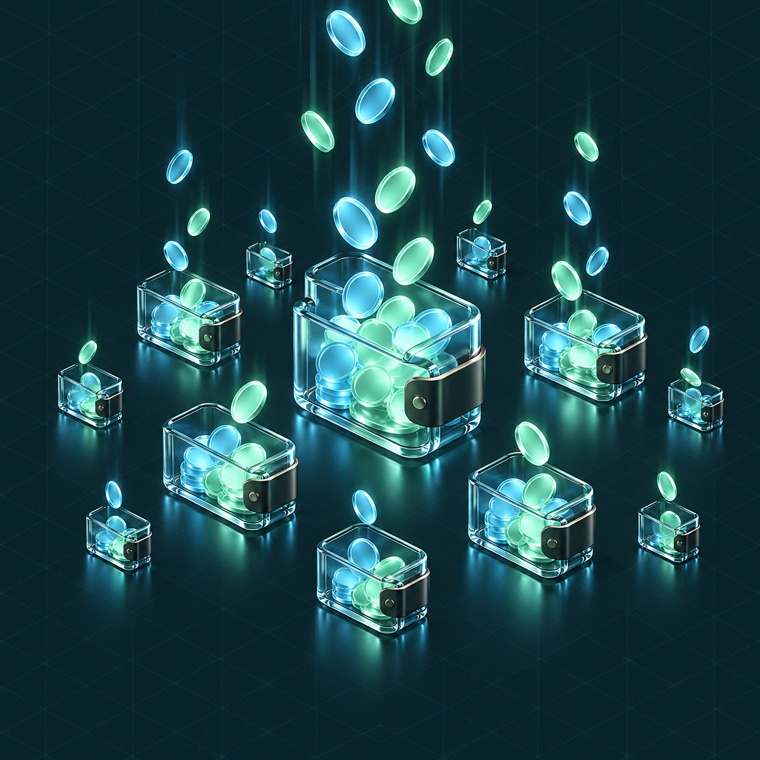 Coins rain into a grid of wallets, bigger wallets catching more